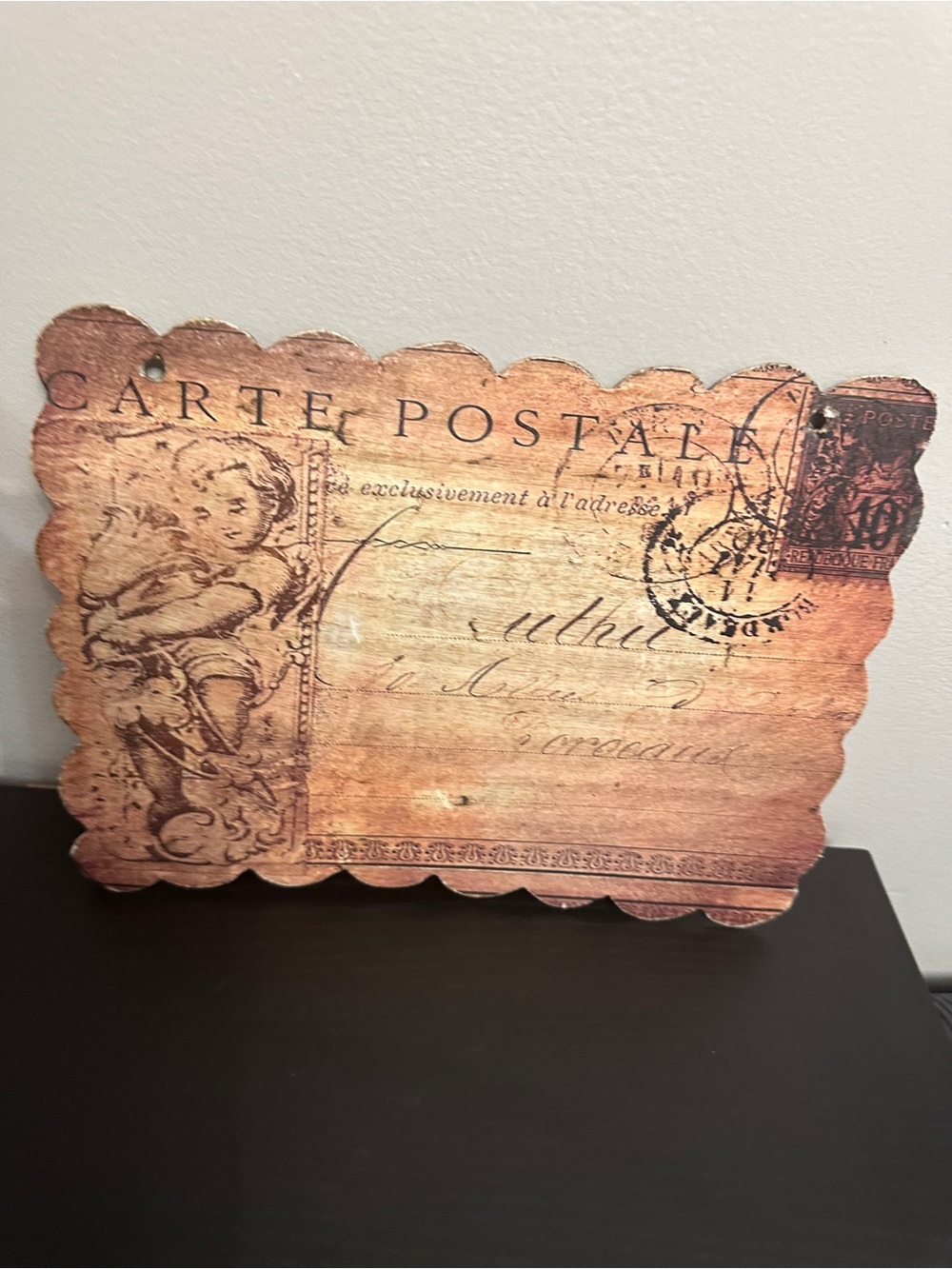 French Carte Postale Cherub Metal Wall Plaque Shabby Chic Cottagecore Decor